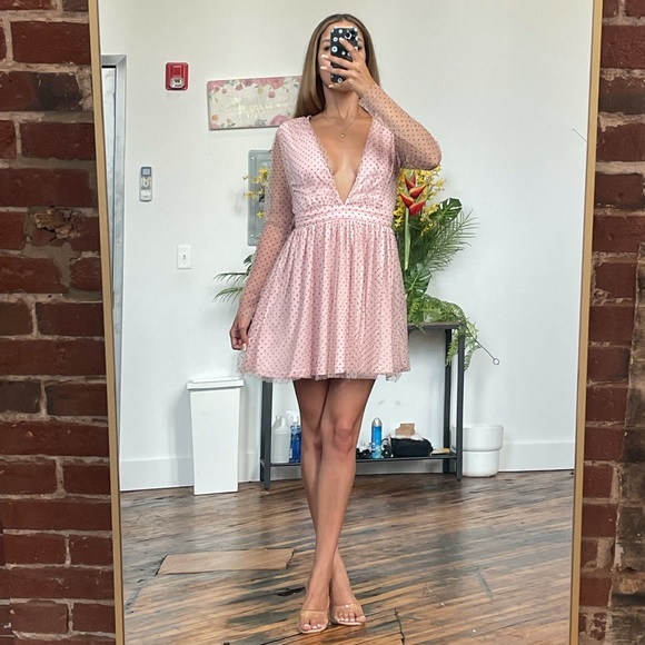 Double crazy pink sheer sleeve deep v-neck dress M - Picture 1 of 7